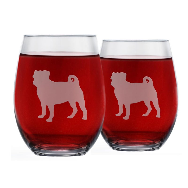 Greenline Goods Pug Stemless Wine Glasses (Set of 2) - Unique Gift for Dog Lovers - Hand Etched with Breed Name on Bottom - Image 1
